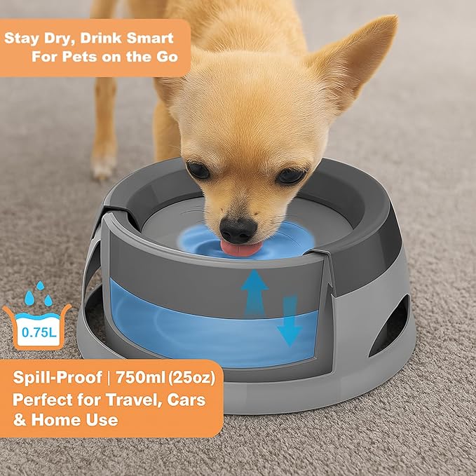 25oz Spill-Proof Dog Water Bowl – Slow Drink, No-Splash Pet Feeder for Small/Medium Dogs, Cats, Puppies & Kittens, Non-Slip Portable Bowl for Car, Travel, Home – Grey