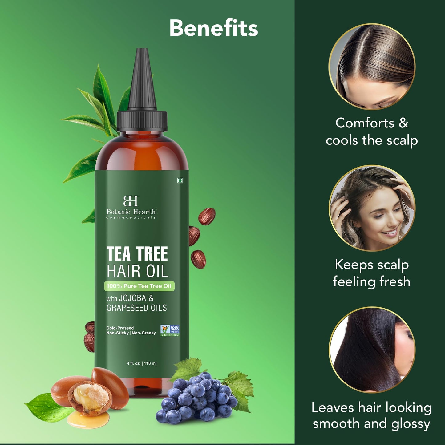 Botanic Hearth 100% Pure Tea Tree Oil For Hair Growth & Hair Treatment Oils 4 Fl oz | Infused with coconut Oil | Hair Oil Repairs Dry Damaged Hair, Strengthening, Healthier | All Hair Types