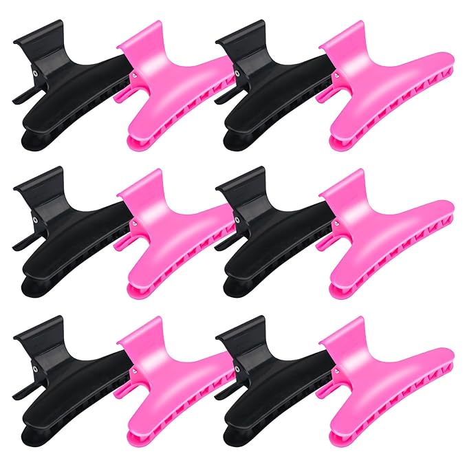 Hair Clips for Styling Sectioning 12 Pack Black Hot Pink Butterfly Clamps Hair Claw Clips Pro Salon Hair Clips for Styling, Sectioning, Cutting and Coloring