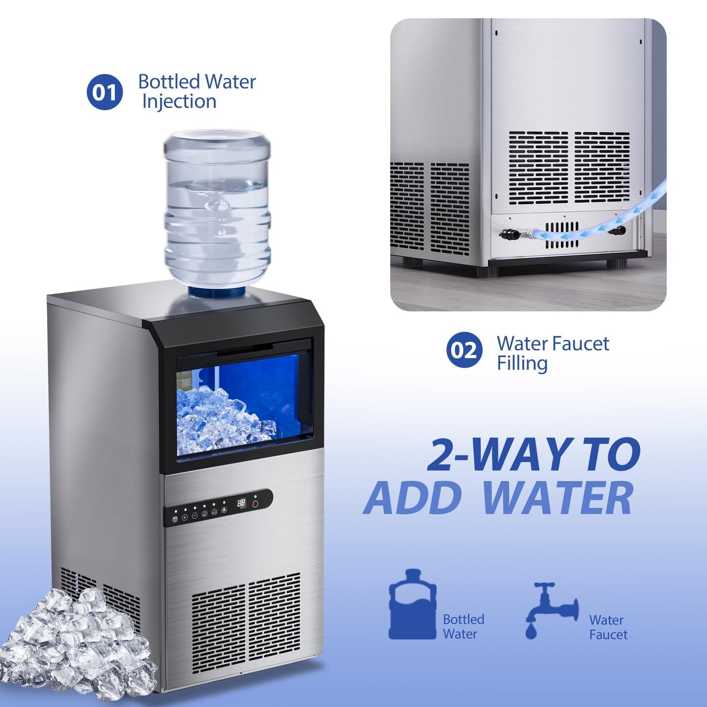 Commercial Ice Maker Machine, 120lbs/24H Stainless Steel Under Counter ice Machine with 45 Ice Cubes/Cycle, 2 Water Inlet Modes, Self Clean, 24H Timer,29LB Storage Bin for Bar, Coffee Shop, Home