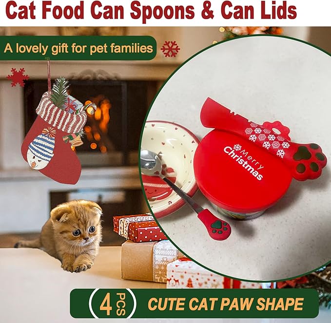 SJANE Cat Food Can Spoons & Lids | 4 Pcs Christmas Style Gifts | Multi-Function Tin Opener | Silicone Pet Food Can Covers | Stainless Steel Wet Foodstuff Spoon for Cats and Dogs(Christmas Red)