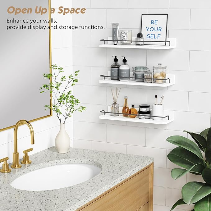 Forbena White Floating Shelves Bathroom Shelves Over Toilet Set of 3, Bathroom Organizers and Storage Shelves Wall Mounted, Modern Wood Corner Wall Shelf for Bedroom Closet -White and Dark Grey