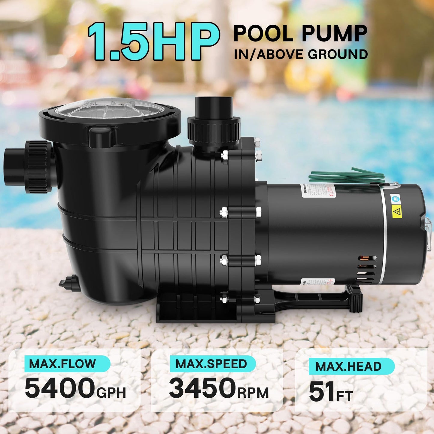 Oswerpon Pool Pump Above Ground/Inground, 1.5 HP 6600GPH Powerful Selfpriming Pool Pumps for 15,000-31,000 Gallons Pools, Dual Voltage Swimming Pool Pump with Strainer Basket & Drain Plug