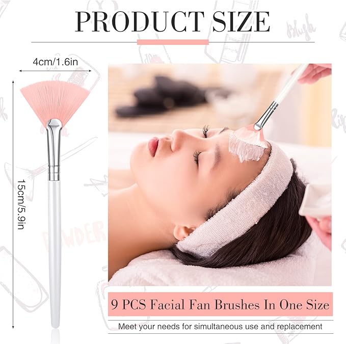 9 Pieces Facial Fan Mask Brushes, Soft Facial Applicator Brushes Tools for Peel Glycolic Makeup for Mud Cream(Pink, White)