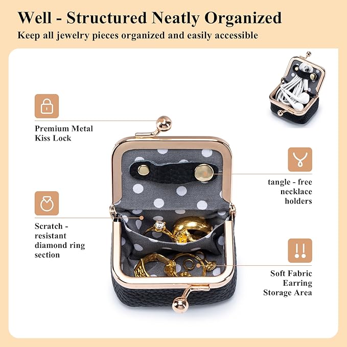 Genuine Leather Mini Jewelry Box, Small Portable Jewelry Organizer Box，Vintage-Inspired Travel Jewelry Case Organizer Kiss Lock for Women for Earring/Ring/Necklace/Bracelet (Golden S 2.56in)