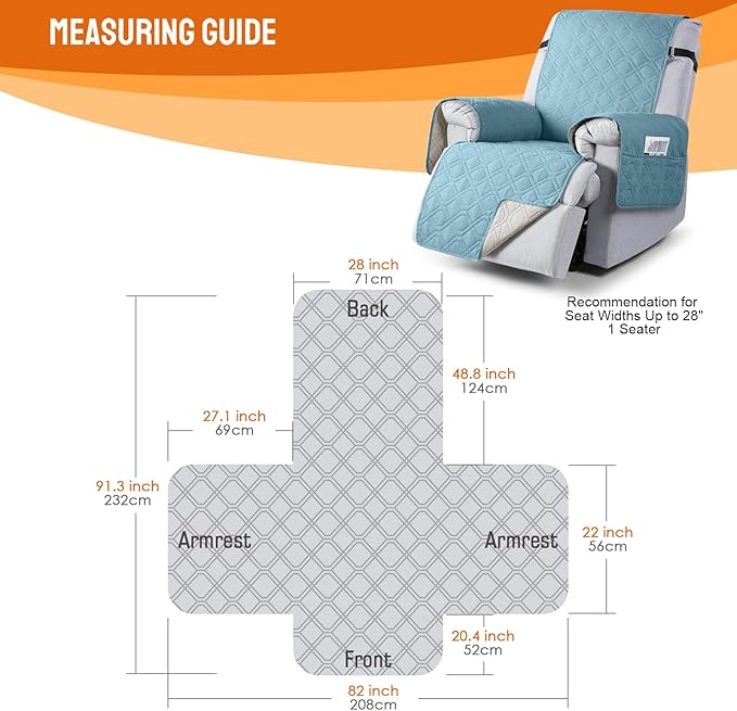 VANSOFY 100% Waterproof Recliner Chair Covers, Recliner Cover Non-Slip Dog Chair Cover Furniture Protector Washable Slipcover with Pocket, Elastic Straps for Pets, Dogs(Azuree, 28")