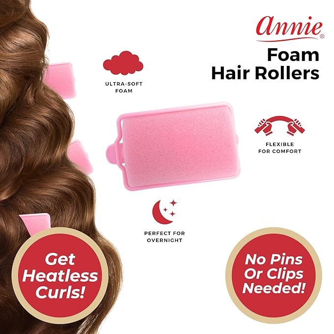 Annie Foam Hair Rollers Jumbo, 6 Count Pink Soft Sponge Curlers for Heatless Curls & Waves, No Pins or Clips Needed, For Wet or Dry Hair, Comfortable Overnight Set