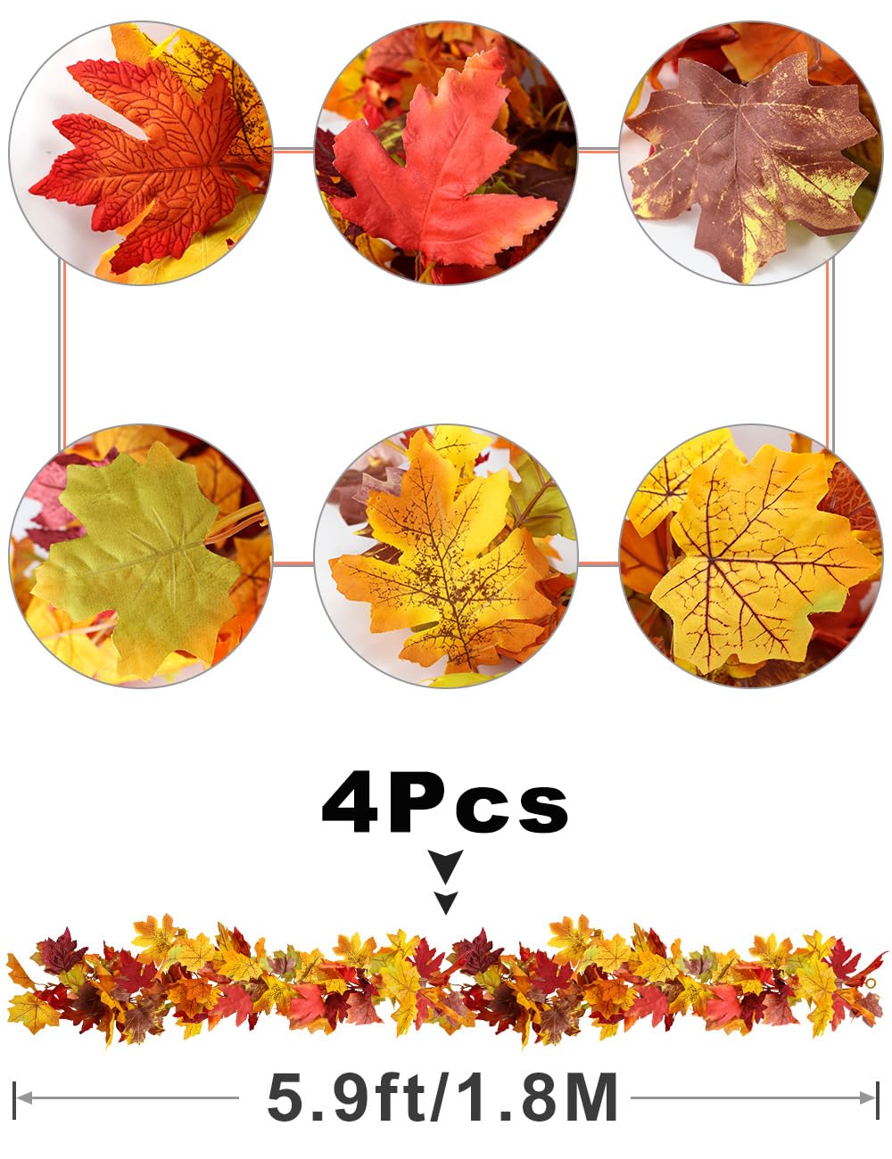 wohohoho 4 Packs Fall Garland Maple Leaf, 5.9Ft/Pieces Fall Leaves Garland 7 Maple Leaves Hanging Vines for Autumn Decor Halloween Thanksgiving Christmas Indoor Outdoor Decorations