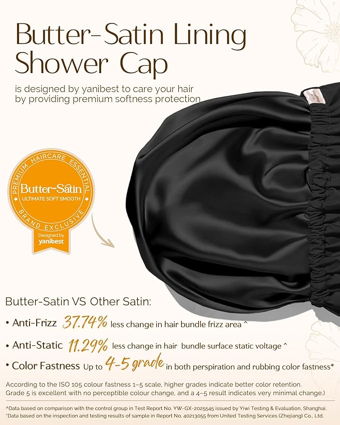 Yanibest Satin Lined Shower Cap for Women Reusable Waterproof, Frizz Free & Large Bath Cap with Soft Elastic Band, Luxury Hair Protection Caps (Black)