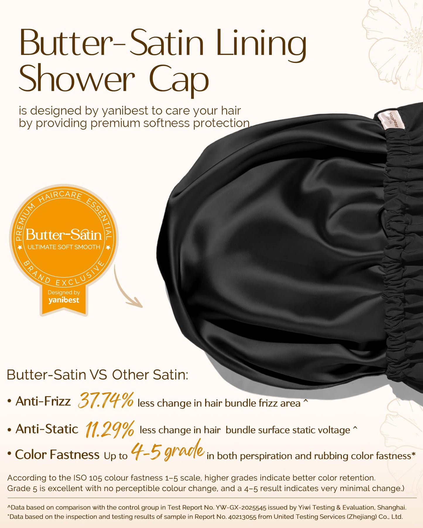 Yanibest Satin Lined Shower Cap for Women Reusable Waterproof, Frizz Free & Large Bath Cap with Soft Elastic Band, Luxury Hair Protection Caps (Black)