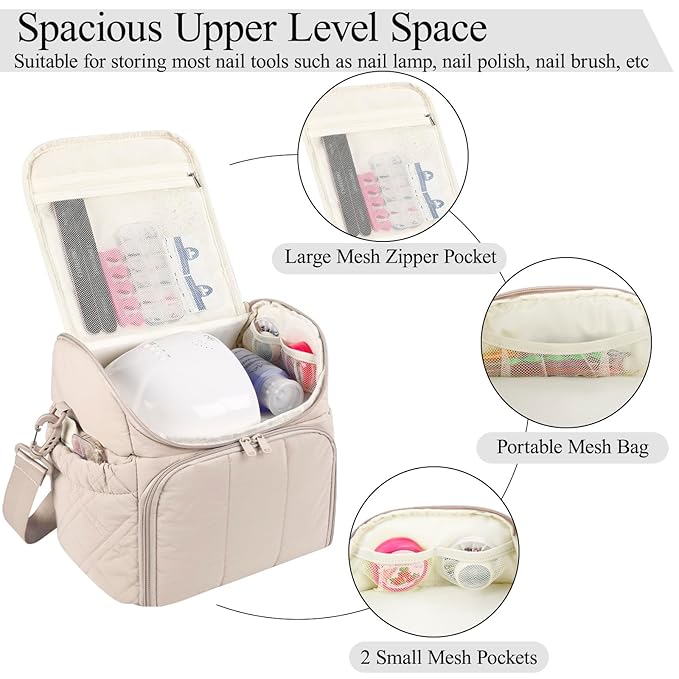 Nail Polish Organizer with 2 Detachable Cases Hold 60 Bottles & Nail Lamp, Portable Nail Organizers and Storage with Handle & Shoulder Strap, Travel Nail Bag for Manicure Tools