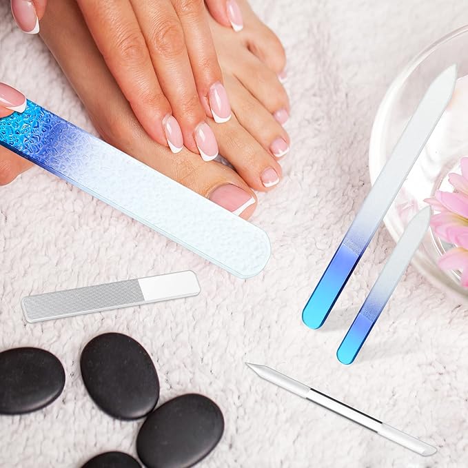 5 Pcs Glass Nail File Set Callus Remover Foot Rasp Manicure Tool Include 2 Crystal Glass Nail and 1 Foot File 1 Cuticle Pusher One Nano Shiner Buffer Polisher for Beauty
