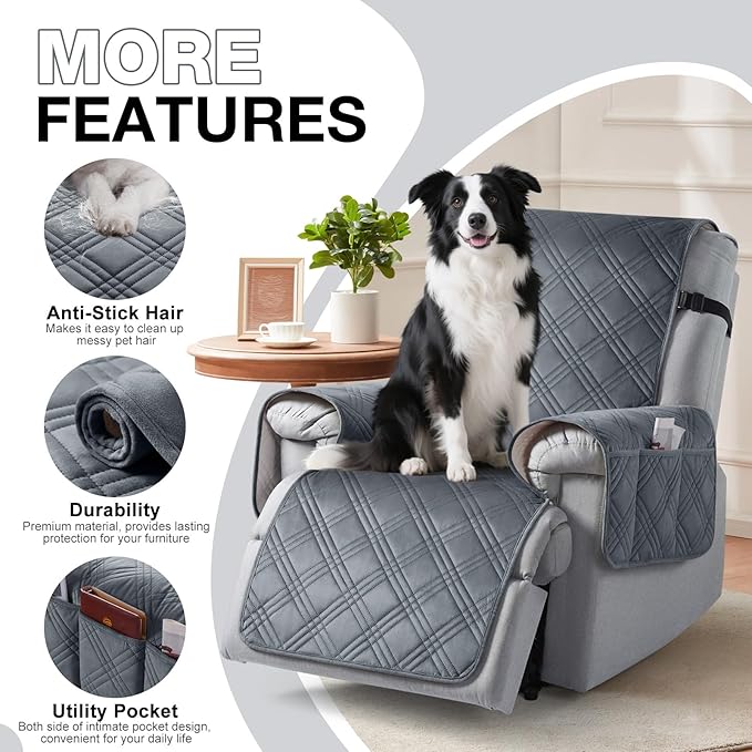 TAOCOCO 100% Waterproof Recliner Chair Cover, Recliner Covers for Recliner Chair with Pocket, Non Slip Reclining Chair Cover Furniture Protector for Kids, Pets(23.6'', Dark Grey-Velvet)