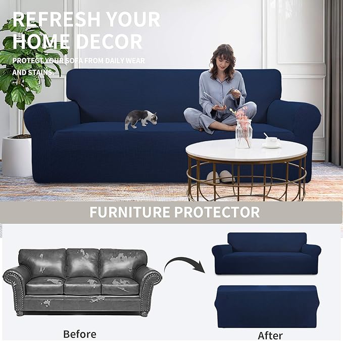 Easy-Going Stretch Oversized Chair Sofa Slipcover 1-Piece Couch Sofa Cover Furniture Protector Soft with Elastic Bottom for Kids Spandex Jacquard Fabric Small Checks Navy