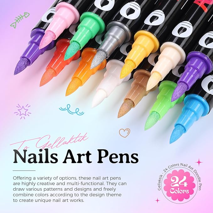 24 Colors(12Pcs-dual) Nail Art Pens Set, 3D Nail Polish Pens Quick-Drying Acrylic Paint Markers, Dotting Liner Brush for DIY Nail Design, Home & Salon Manicure Tools, MarkerPen