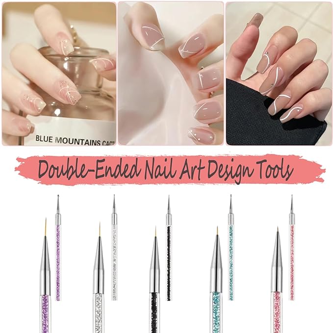 AIBEE Nail Art Brushes, 5pcs Double-Ended Acrylic Nail Brush Set with 5/7/10/12/15mm Nail Liner Brushes and Dotting Pens for French Nails