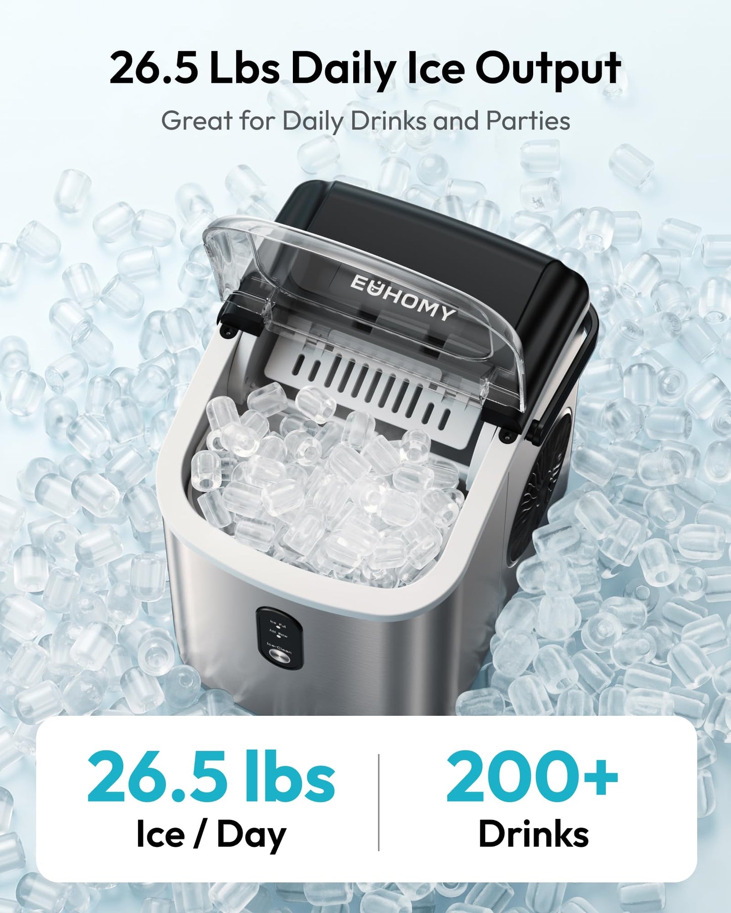 EUHOMY Ice Maker Countertop, Portable Ice Machine with Carry Handle, 26.5lbs Per Day, 9 Cubes in 6 Mins, Auto-Cleaning, with Basket and Scoop, for Home, Kitchen, Camping, RV (Silver)