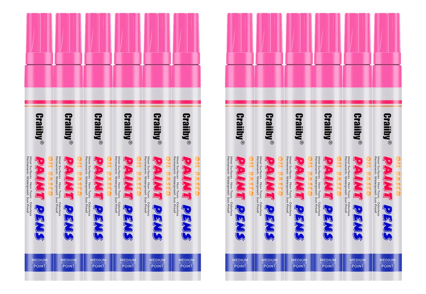 Pink Paint Markers, 12 Pack Oil-Based Waterproof Quick Dry Permanent Paint Pen Set for Rocks Painting, Wood, Fabric, Plastic, Canvas, Glass, Mugs, Metal, Tire, Stone, DIY Craft