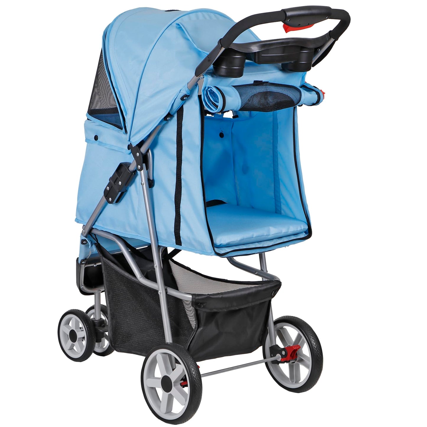ZENY Foldable Pet Stroller, Cat/Dog Stroller with 3 Wheel, Pet Strolling Cart, Dog Travel Carrier with Storage Basket + Cup Holder (Blue)