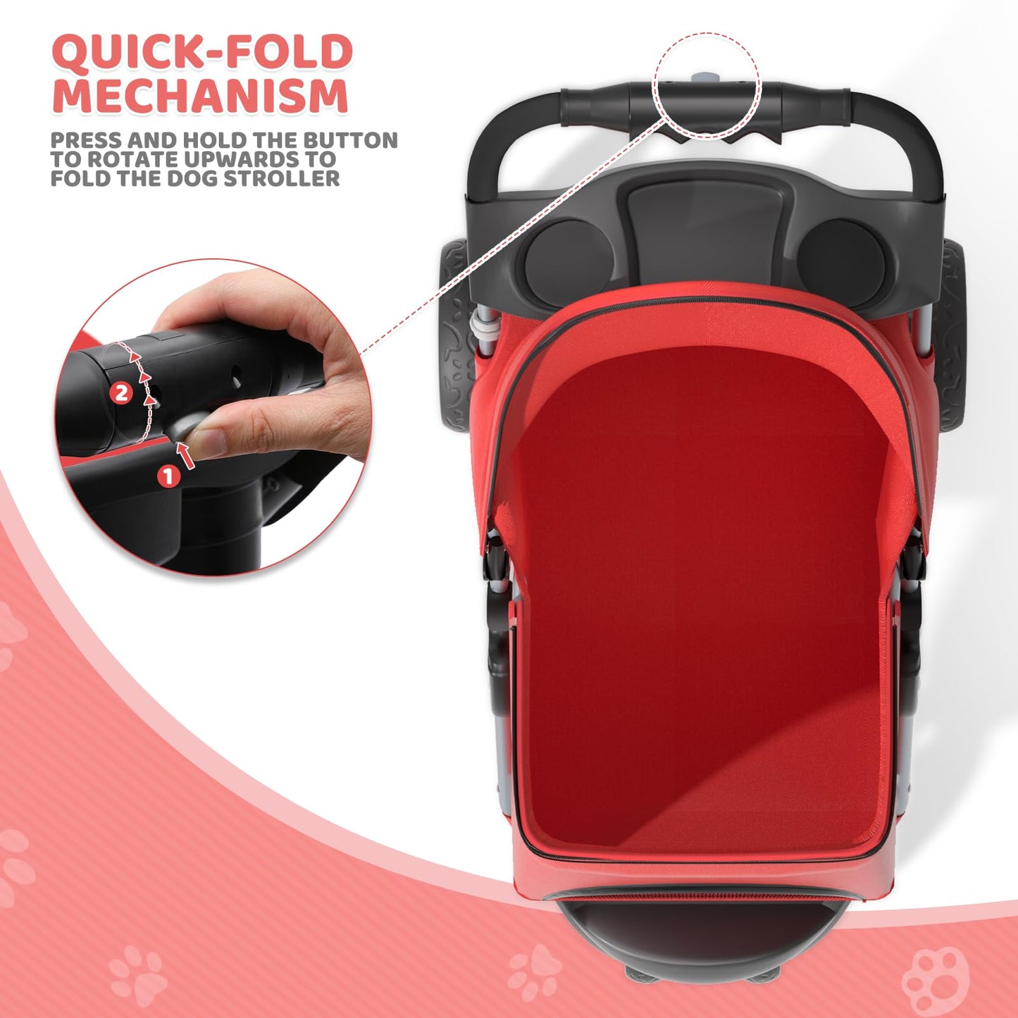 Magshion 3-Wheel Pet Stroller, Foldable Travel Jogger for Small & Medium Dogs & Cats (Up to 33lbs), Lightweight Carrier with Breathable Mesh Cover, Cup Holder & Storage Basket, Red