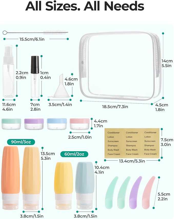 BAGSMART 18 Pack TSA Approved Travel Bottles for Toiletries, Leak Proof Silicone Travel Size Containers Bottles for Shampoo, Soft Pastel