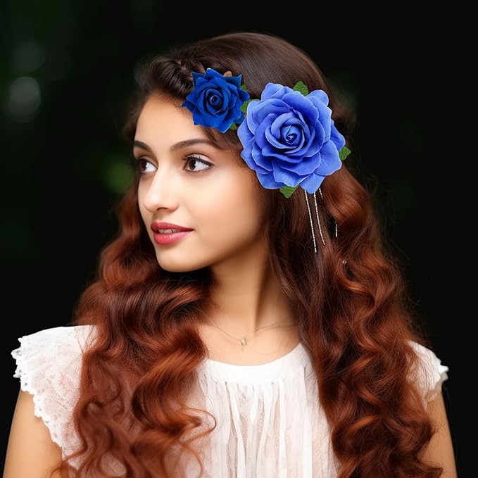 Rose Hair Clip Flower Hairpin Brooch Floral Clips, 4 Pcs Fabric Rose Flowers Hair Clips Mexican Hair Flowers Pin up Headpieces for Woman Girl Wedding Party Mother's Day (2 Sizes) (Blue)
