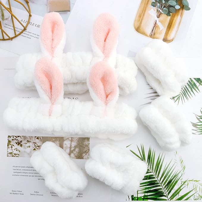 YISSION Cute Bunny Ear Spa Headband and Wristband Set for Women and Girls - Soft Plush Makeup Headband with Wrist Towels for Face Washing, Skincare, Shower, Easter Party Favors (White)