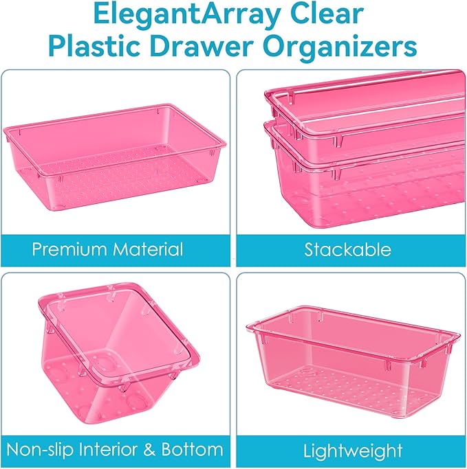 12 PCS Drawer Organizer Set, 4 Sizes Tool Storage Trays, Clear Plastic Makeup Vanity Organizer and Storage Bins for Stationeries, Multiple Gadgets for Office, Bedroom, Pink