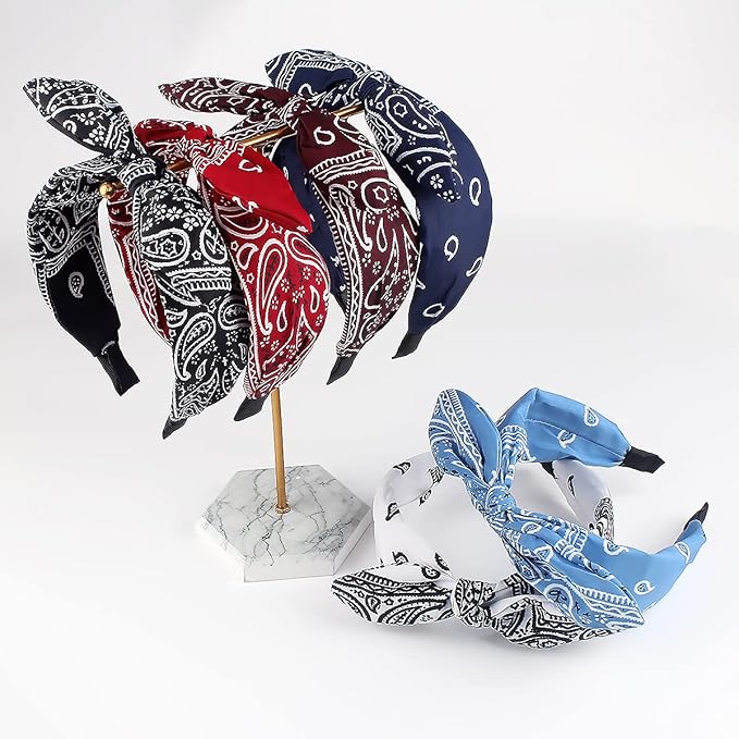 TOBATOBA 6pcs Paisley Knotted Bow Headbands with Removable Rabbit Ears - Top Knot & Turban Styles for Women & Girls