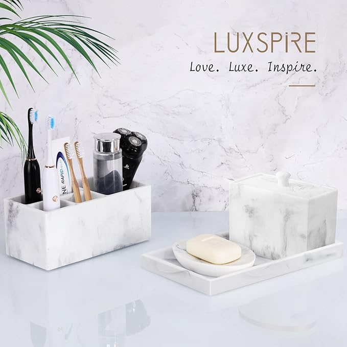 Luxspire Bathroom Vanity Tray, Resin Dresser Jewelry Ring Dish Tank Storage Kitchen Sink Countertop Organizer Plate Holder for Perfume Candles Soap Towel Plant Bathroom Accessories, M, White Marble