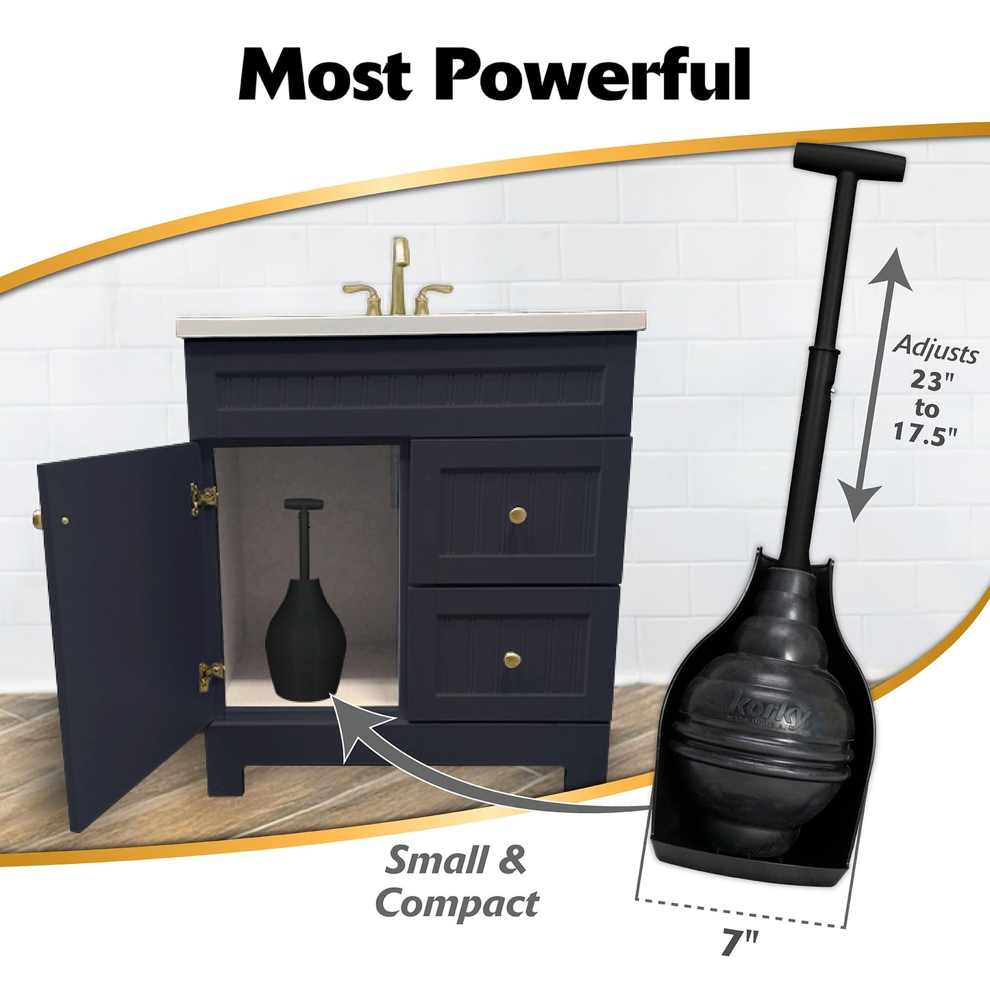 Korky BeehiveMAX Hideaway - Heavy Duty Toilet Plunger with Holder in Black - Drip Free Carry-Seals All Bowl Shapes – Powerful Clog Removal, 97-5B