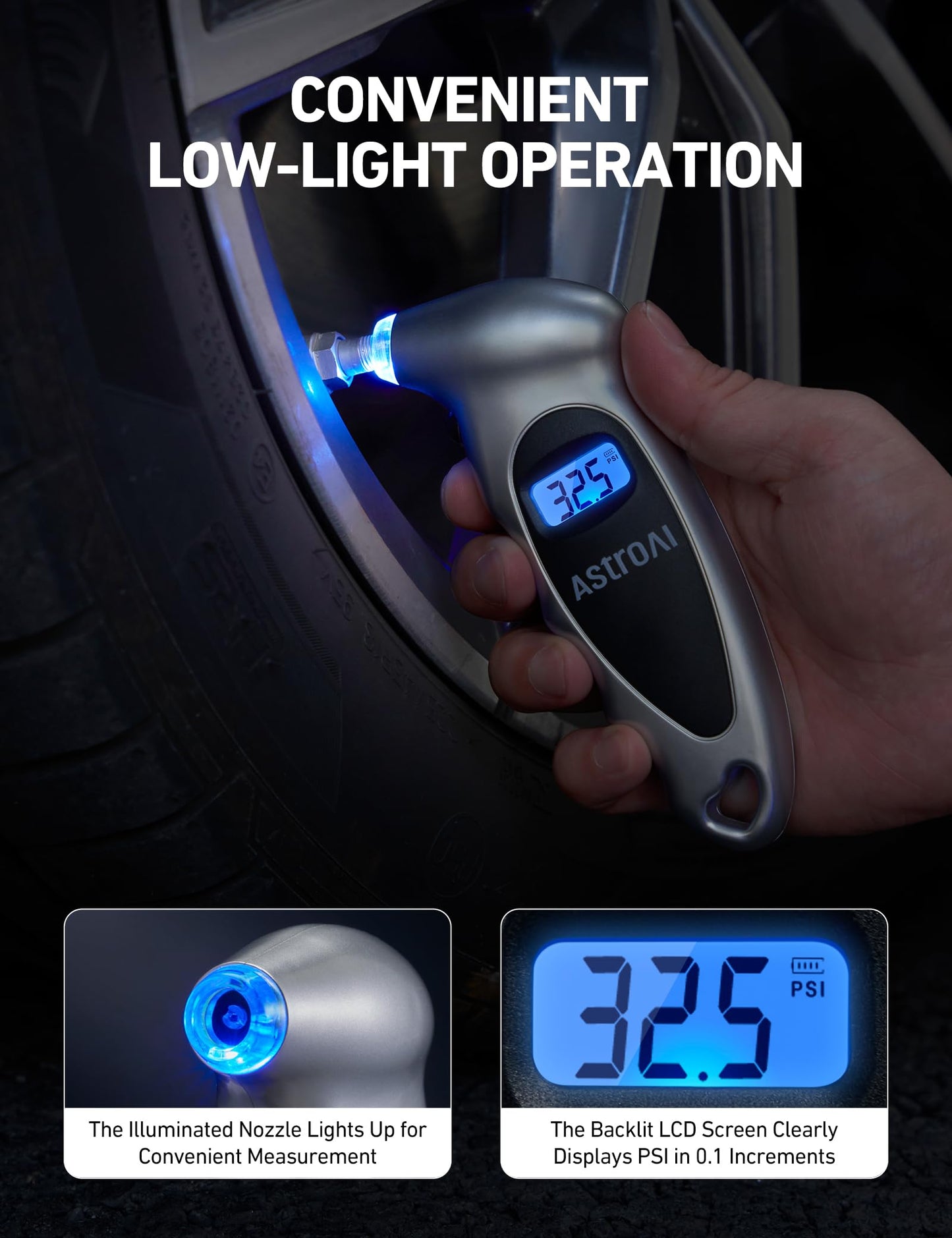 AstroAI Digital Tire Pressure Gauge 0-150PSI Calibrated to ANSI B40.7 +/-1PSI, 4 Units for Car Truck Bicycle with Backlight LCD and Presta Valve Adaptor, Sliver, 2Pack