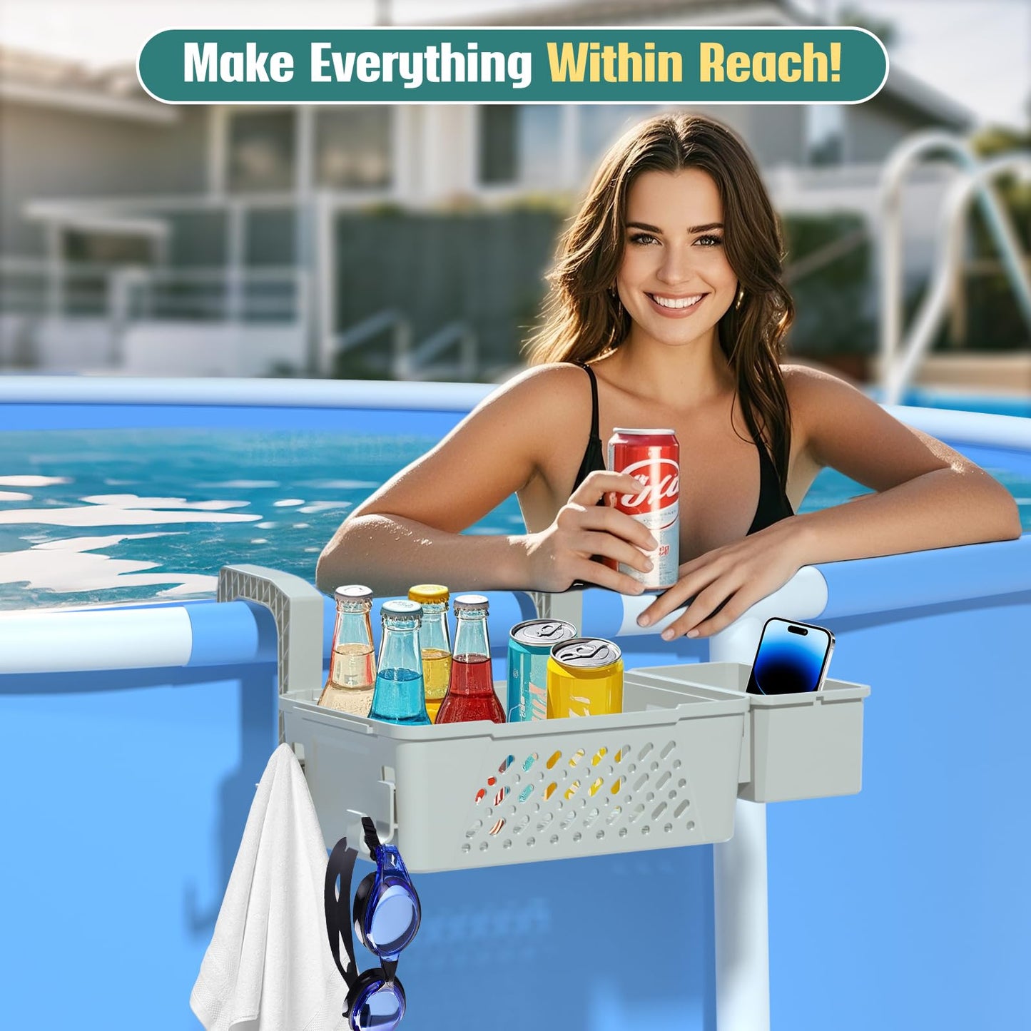 【2026 Upgrade】2-Pack Poolside Storage Basket with Cup Holder, Above Ground Pool Accessories, 3-in-1 Swimming Pool Hanging Storage Baskets to Organize Cups & Towels, Fits 3 Inch or Less Top Rail(Grey)