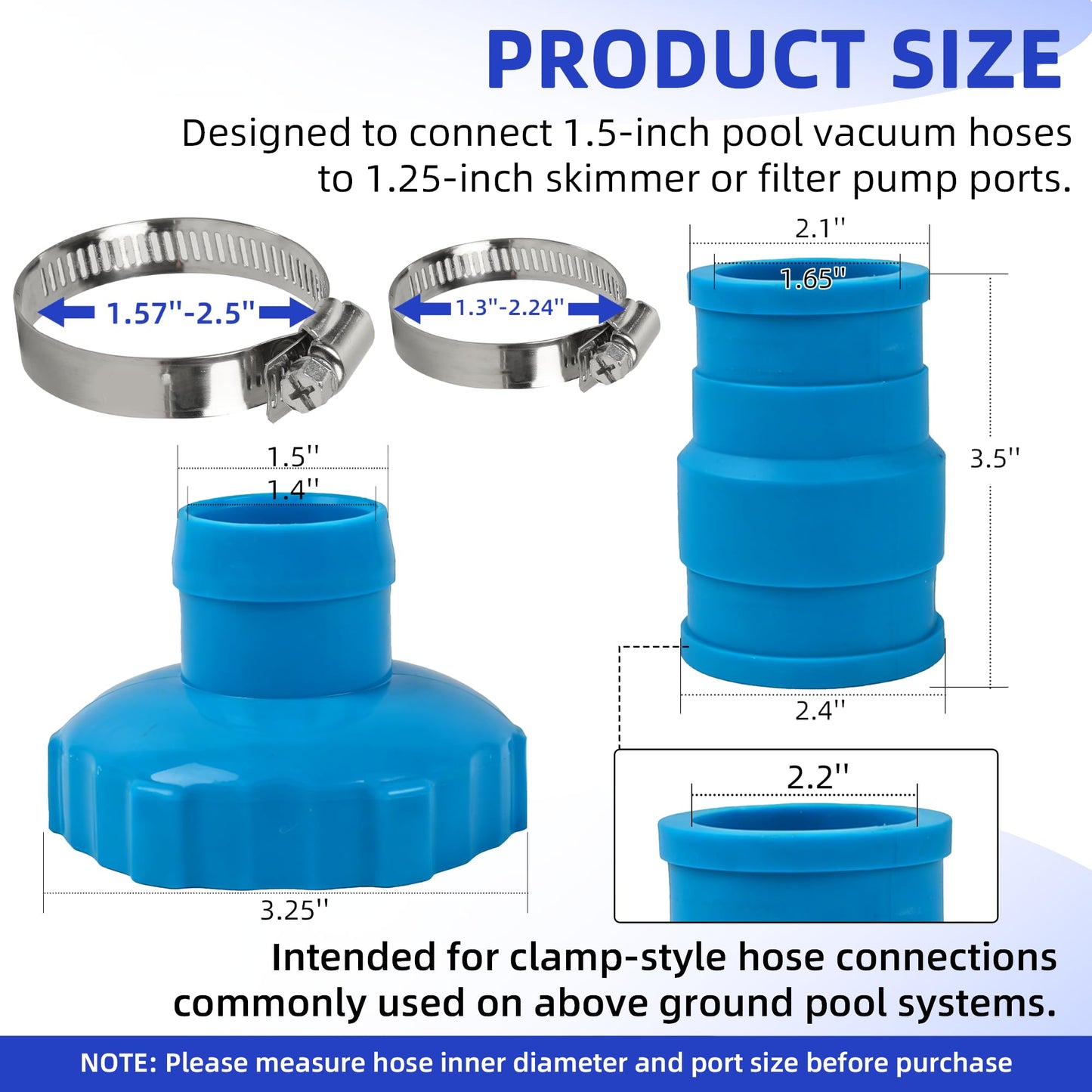 TonGass Pool Vacuum Hose Adapter Kit Compatible with Intex Adapter B – 1.5" to 1.25" Pool Hoses Connector with Stainless Steel Clamps for Above Ground Pool Skimmer & Filter Pump Hoses – 2 Set