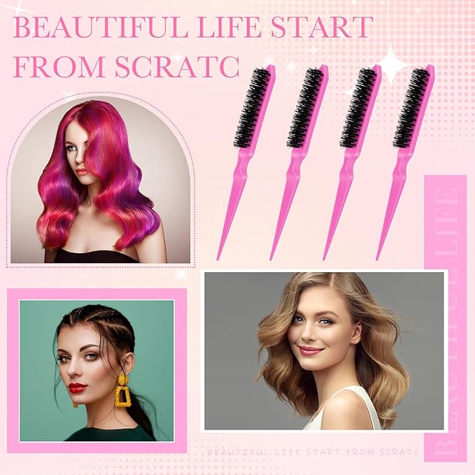 Yaomiao 6 Pcs Teasing Brush for Fine Hair Nylon Rat Tail Brush Set Women Three Row Salon Teasing Set for Back Combing, Root Hair Scalp Massage(Pink)