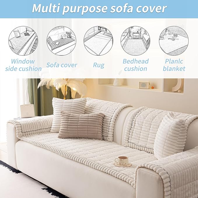 Couch Cover for Dogs Washable,Non Slip Fuzzy Durable Couch Covers for 3 Cushion Sofa Pet Friendly Sofa Cover Dog Thick Soft Slipcovers Protector Couches Mat Bed (White, 27.6" x 70.9"/70 x 180cm)