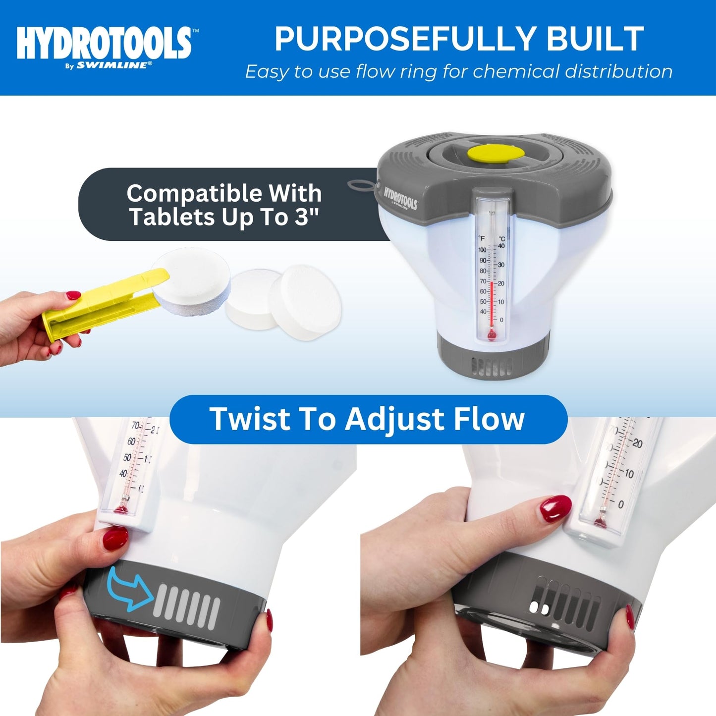 SWIMLINE HYDROTOOLS Smart Chlorine Floater Dispenser for Above Ground & Inground Pools Spas W/Thermometer | Tablet Refill Indicator & Tongs | Large Adjustable Floating 3-Inch Chlorine Bromine Tabs