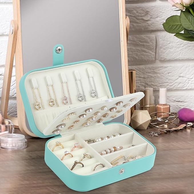 Hatori Travel Jewelry Box, PU Leather Small Jewelry Organizer for Women Girls, Portable Mini Travel Case Display Storage Holder Boxes for Stud Earrings, Rings, Necklaces, Bracelets (Turquoise)