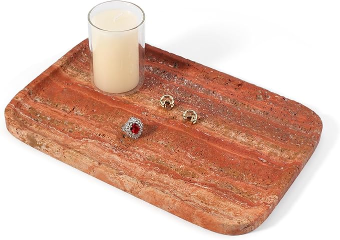 Koville Red Travertine Tray, 12"x8" Natural Stone Vanity Tray for Countertop Bathroom Kitchen Dresser, Decorative Marble Catchall Trays for Perfume Jewelry, Rectangular Serving Tray