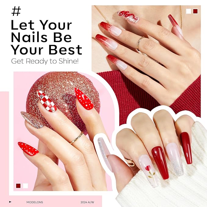 modelones Red Gel Nail Polish Set 6 Colors, 2026 Mothersday White Glitter Sparkle Bright Burgundy Dark Rose Champagne Silver Candy Cane Nail Polish Kit Soak Off Nail Art Salon DIY Gift Women