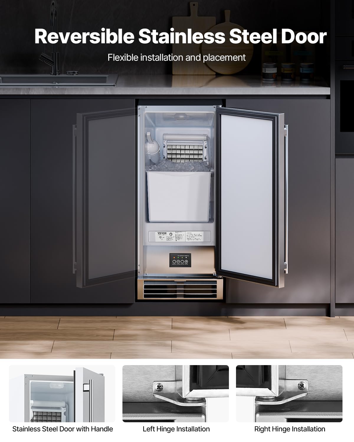 VEVOR Under Counter Ice Maker Machine, 50 Lbs/Day Built in Undercounter Ice Maker with Reversible Door, Stainless Steel, Freestanding Ice Make for Restaurant, Outdoor Kitchen, Terrace, Pool