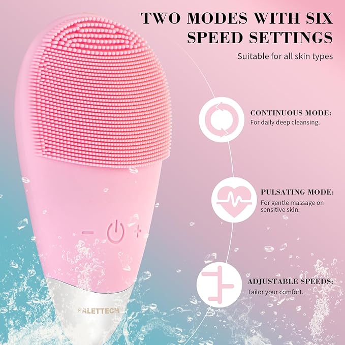 Facial Cleansing Brush, Rechargeable Silicone Face Scrubber with 5 Cleansing Modes, Portable Vibrating Exfoliator Scrubber for Deep Cleaning, Waterproof Face Brush for Women(Pink)