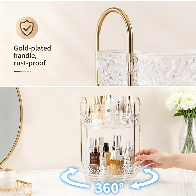 Fangoo 2 Tiers Clear Rotating Makeup Organizer for Vanity, 360 Spinning Skincare Organizers for Dresser Perfume Organizer Large Skincare Make up Storage Cosmetic Organizer for Bathroom Countertop