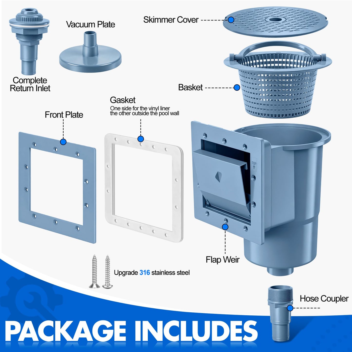 DeeprClean Through Wall Skimmer for Above Ground Pool, Heavy Duty Wall Mount Pool Skimmer Kit, Universally Fits All Standard Pool Wall Openings, In Wall Pool Surface Skimmer for Above ground Pool-Blue