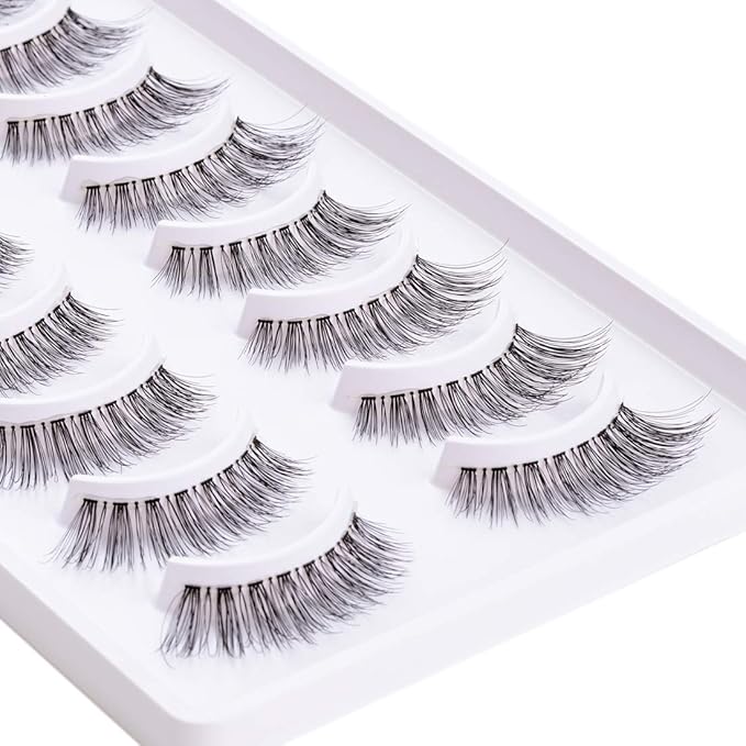 EMEDA False Eyelashes Natural Lashes Wispy 0.01mm Ultra Thin Band 12mm Cat Eye 10 Pairs Invisible Clear Band 3D Demi Wispies Short Fake Eye Lashes Strips Handmade (005)