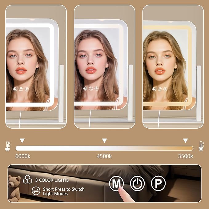 Vanity Mirror with Lights 15"×13", Led Makeup Mirror, Lighted Makeup Mirror with 3 Color Dimmable Lights, Smart Touch Screen Control, 360°Rotation