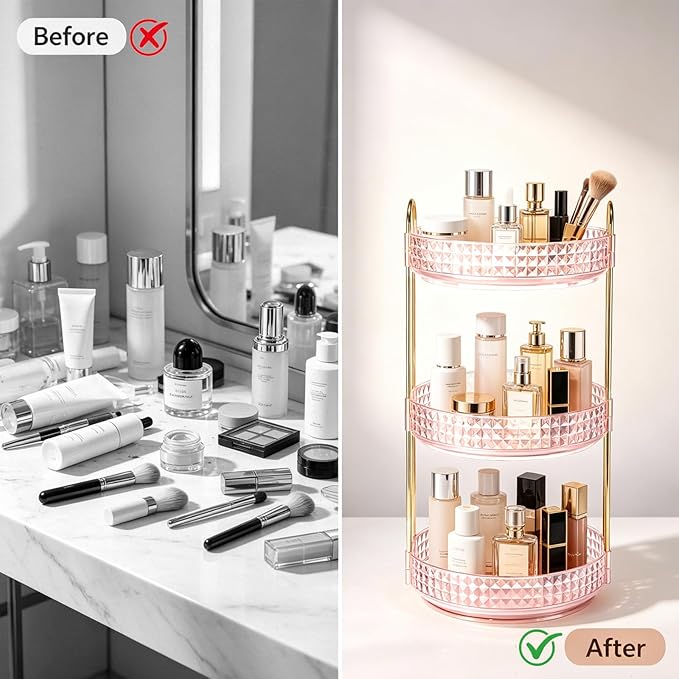 Fangoo 3 Tiers Pink Rotating Makeup Organizer for Vanity 360 Spinning Skincare Organizers for Dresser Perfume Organizer Large Skincare Make up Storage Cosmetic Organizer for Bathroom Countertop