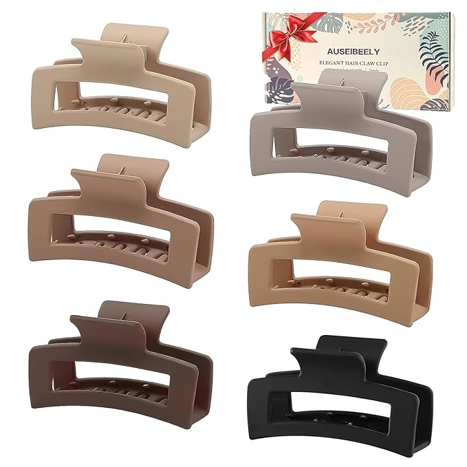 Auseibeely 6 Pack Square Claw for Women Girls, 3.35" Medium Non-slip Rectangular Matte Clips Strong Hold Hair Styling Accessories for Gifts, Brown