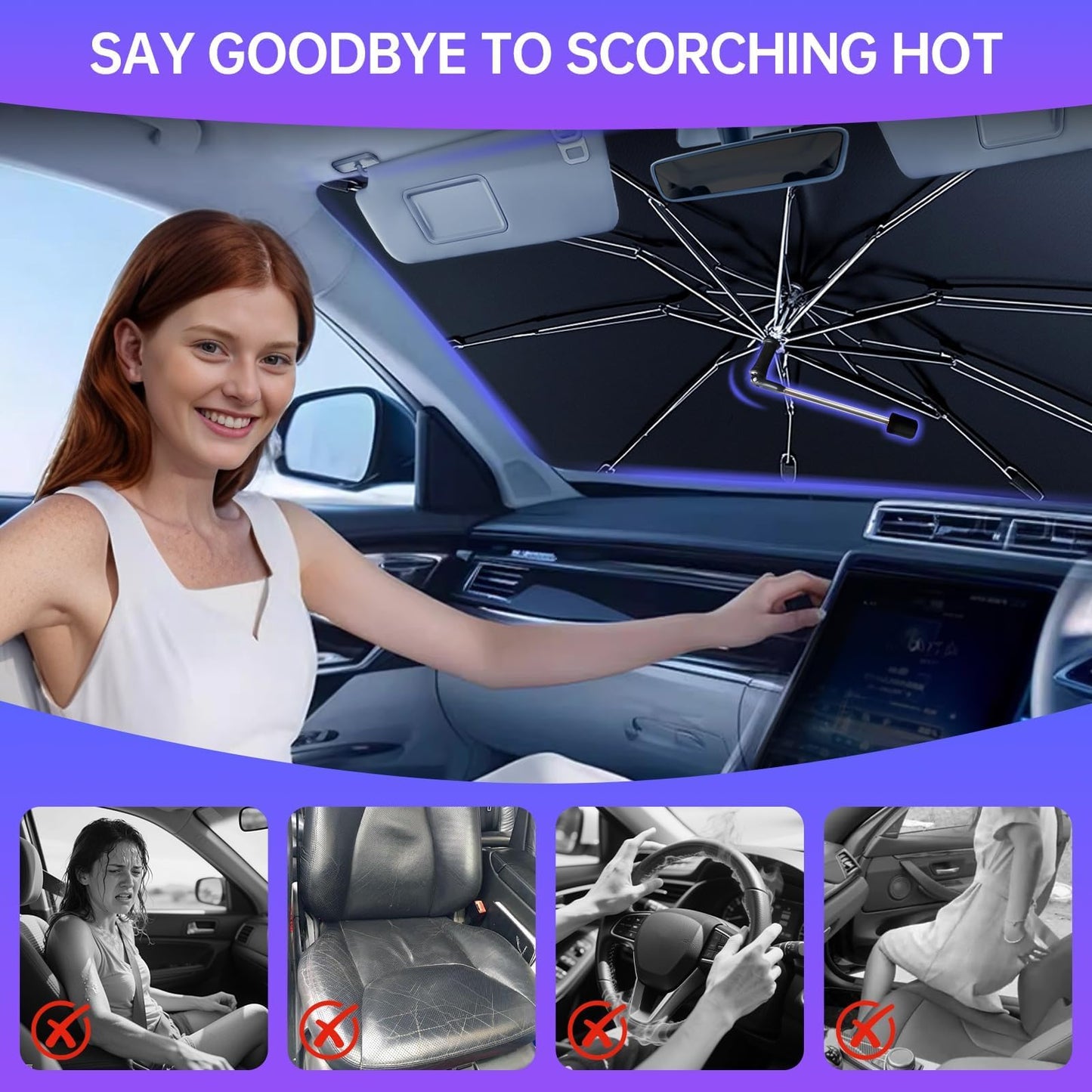 2026 Windshield Sun Shade Umbrella, Foldable Car Sunshade for Mid-Size Sedan, 360 Rotating Automotive Interior Sun Protection for 99% Heat UV Blocking, Auto Heat Shield Accessories(Medium)