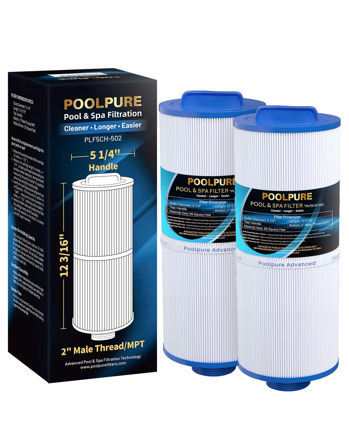POOLPURE 5CH-502 Fine Thread Spa Filter Replaces PPM50SC-F2M, Marquis Spa 20041, 20091, 370-0237, Marquis 50 Hot Tub Filter, Length: 12 3/16", 2” Male Thread/MPT (2 Pack)